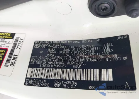 2007 Toyota Tundra Sr5 V6 from USA, damaged, VIN 5TBRU54147S451413